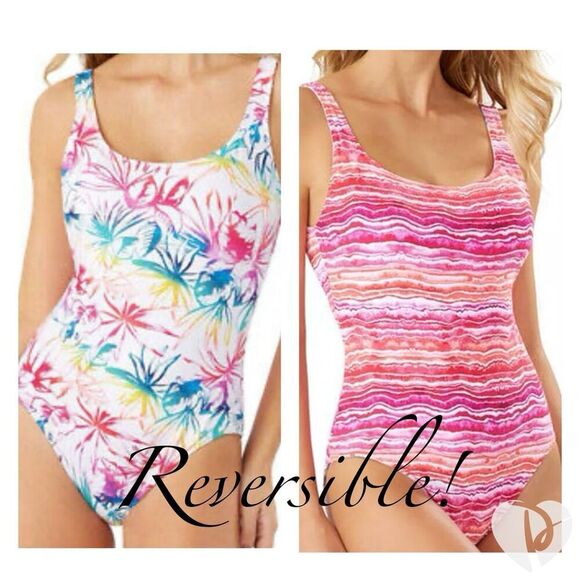 DSF Other - DSF | Rainbow Fronds Reversible One-Piece Swimsuit Paradise Coral Pink | Large